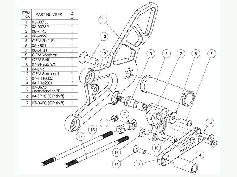 WOODCRAFT Honda CBR250 Complete Adjustable Rearset Kit - Standard Shift