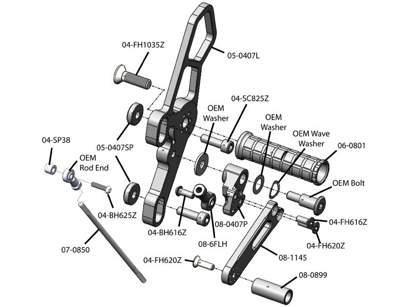WOODCRAFT Yamaha FZ-07 (MT-07) and XSR700 Complete Standard or GP Shift Adjustable Rear Set Kit with Pedals