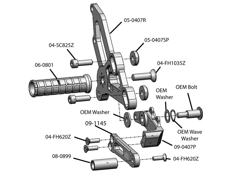 WOODCRAFT Yamaha FZ-07 (MT-07) and XSR700 Complete Standard or GP Shift Adjustable Rear Set Kit with Pedals