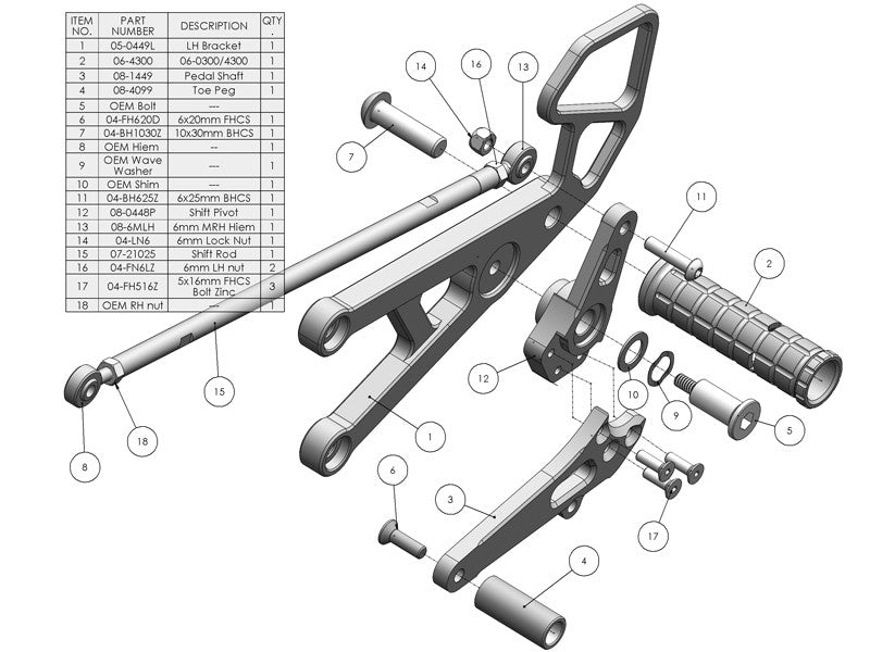 WOODCRAFT Yamaha R6 (06-16) Complete Rear Set Kit  Standard Shift  BLACK