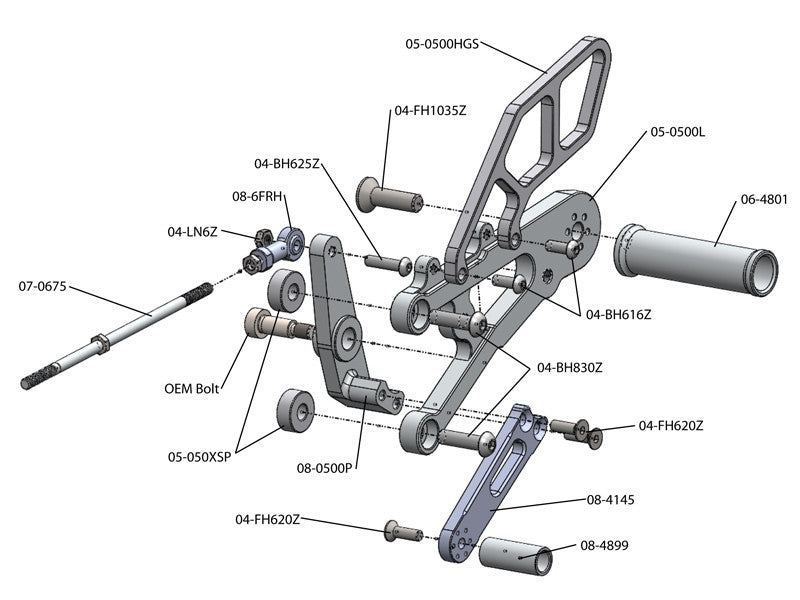 WOODCRAFT Triumph Daytona 675R (13-18) Complete Rearset Kit  Standard ShiftW/Shift & Brake Pedals  BLACK - for use with a quicksifter