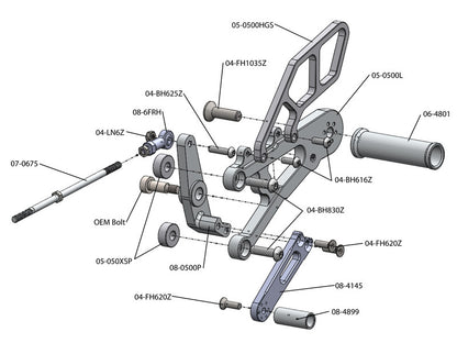 WOODCRAFT Triumph Daytona 675R (13-18) Complete Rearset Kit  Standard ShiftW/Shift & Brake Pedals  BLACK - for use with a quicksifter