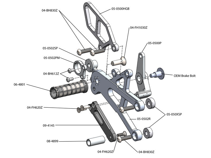 WOODCRAFT Triumph Daytona 675 (13-18) Complete Rearset Kit  GP Shift with Shift and Brake Pedals  BLACK - for use without a quickshifter - RACE USE ONLY
