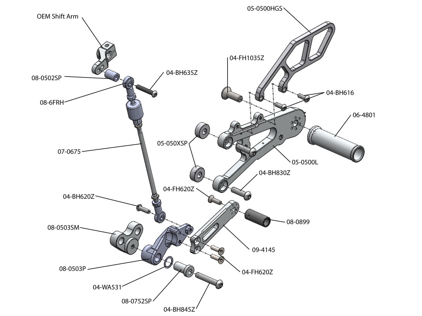 WOODCRAFT Triumph 06-12  Daytona 675R Complete GP Rearset Kit  W/Shift & Brake Pedals  Black - for use with a Quickshifter with side stand