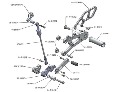 WOODCRAFT Triumph 06-12  Daytona 675R Complete GP Rearset Kit  W/Shift & Brake Pedals  Black - for use with a Quickshifter with side stand
