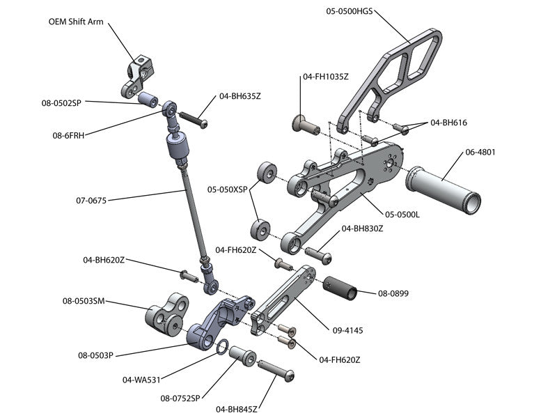 WOODCRAFT Triumph Daytona 675 (13-18) Complete Rearset Kit  GP Shift with Shift and Brake Pedals  BLACK - for use without a quickshifter - RACE USE ONLY