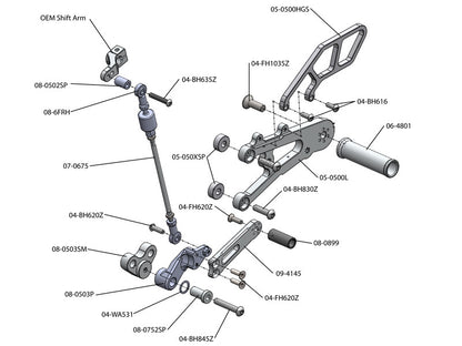 WOODCRAFT Triumph Daytona 675 (13-18) Complete Rearset Kit  GP Shift with Shift and Brake Pedals  BLACK - for use without a quickshifter - RACE USE ONLY