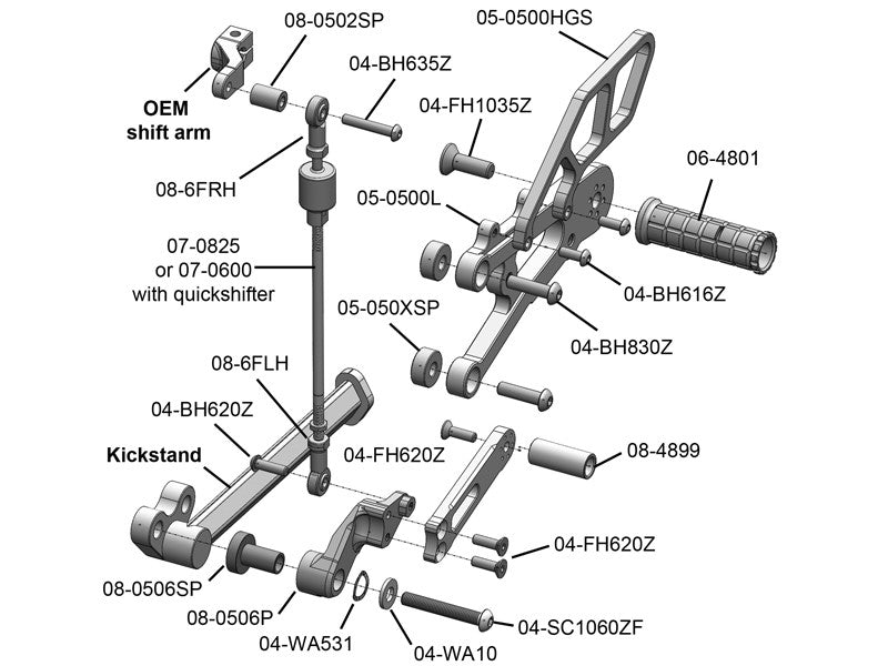 WOODCRAFT Triumph Street Triple 13-16 (NO/QS) Complete GP Rearset Kit  W/Shift & Brake Pedals  Black