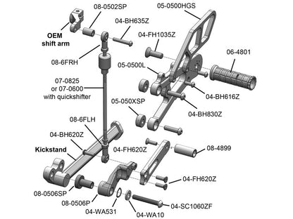 WOODCRAFT Triumph Street Triple 13-16 (NO/QS) Complete GP Rearset Kit  W/Shift & Brake Pedals  Black