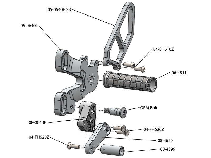 WOODCRAFT Ducati 848 /1098 / 1198 / 848 EVO Black Complete Rearset Kit with Pedals