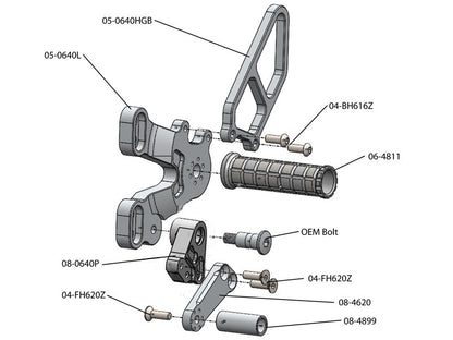 WOODCRAFT Ducati 848 /1098 / 1198 / 848 EVO Black Complete Rearset Kit with Pedals