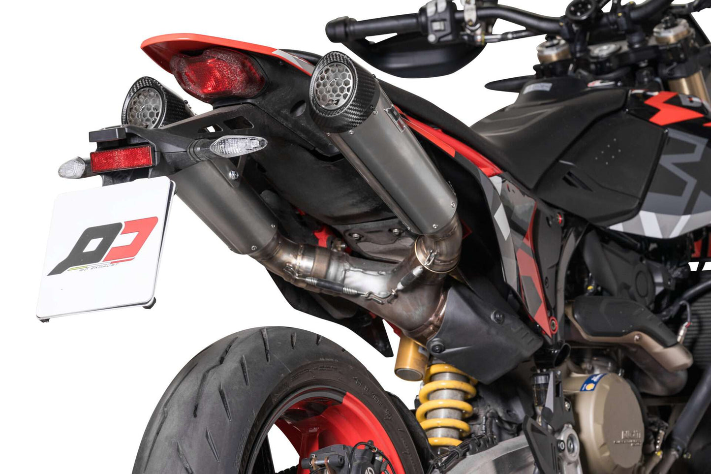 QD Exhaust Tricone Ti and Carbon & DARK MATTER Slip-ons for the Ducati Hypermotard 698 Mono