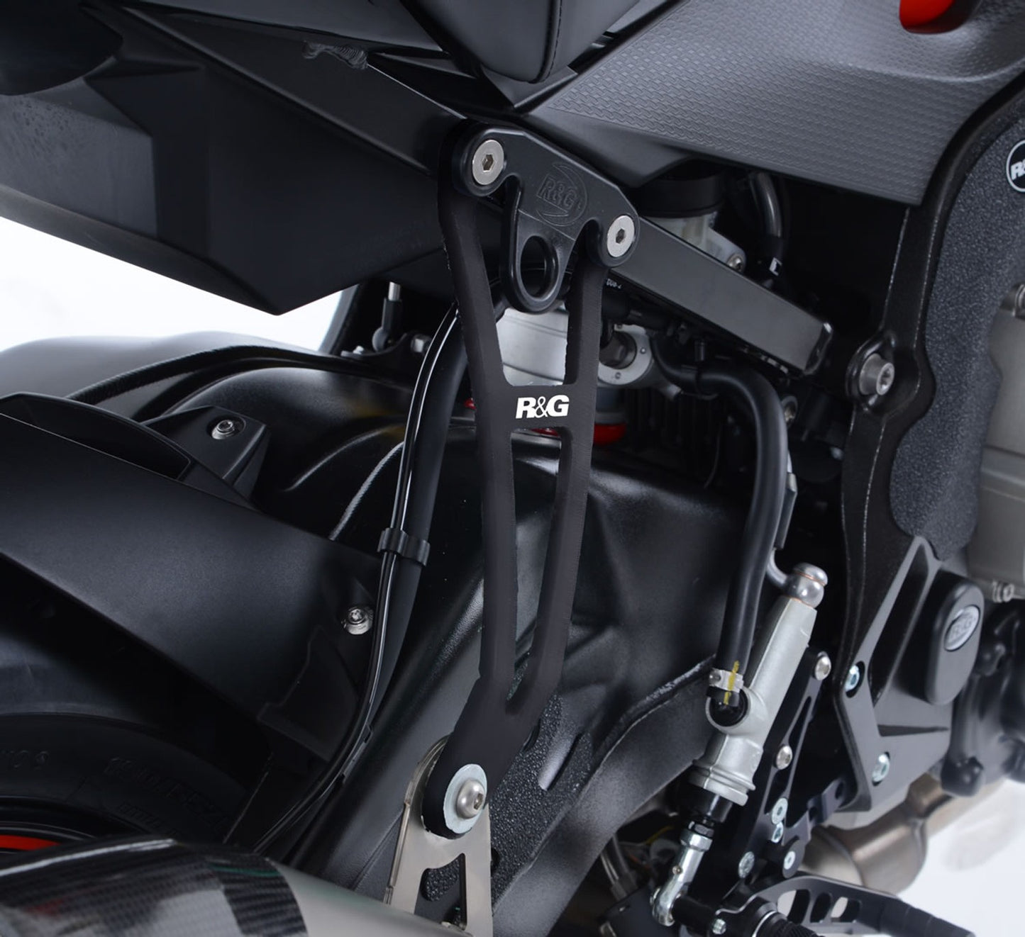 R&G Racing Exhaust Hanger & Left Hand Footrest Blanking Plate (kit) with Akrapovic Exhaust for BMW S1000R '17-'22
