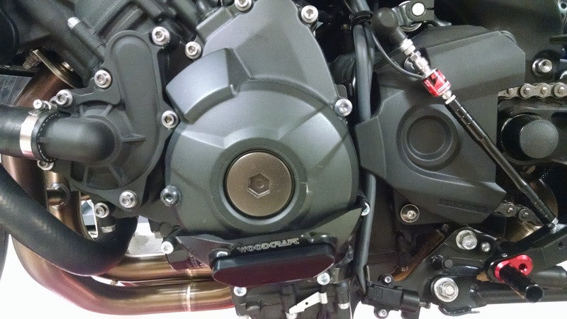 WOODCRAFT Yamaha FZ-09 (MT-09), FJ-09 Tracer, and XSR900 LHS Stator Cover Protector Assembly-Black with Rubber Pad and Skid Plate Kit