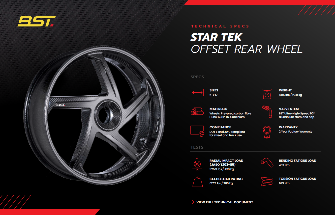 BST Star TEK Carbon Fiber Rear Wheel for the Ducati 1299 / 1199 / V4 /V2 Panigale, 1098 / 1198,  Streetfighter 1098/V4/V2, Supersport, Multistrada 1200, 1260, V4 Pikes Peak, Monster 1200, and Norton V4SV / V4CR  - 6.0 x 17