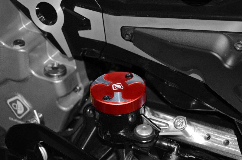 DBK Special Parts (Ducabike) Tri Blade Contrast Cut Billet Front Brake Reservoir Cap for the Ducati Hypermotard 821SP / 939SP, Supersport /S, Triumph Speed Triple 1200 RS /RR, & Rear Brake Reservoir Cap for DucatiXDiavel / Diavel 1260