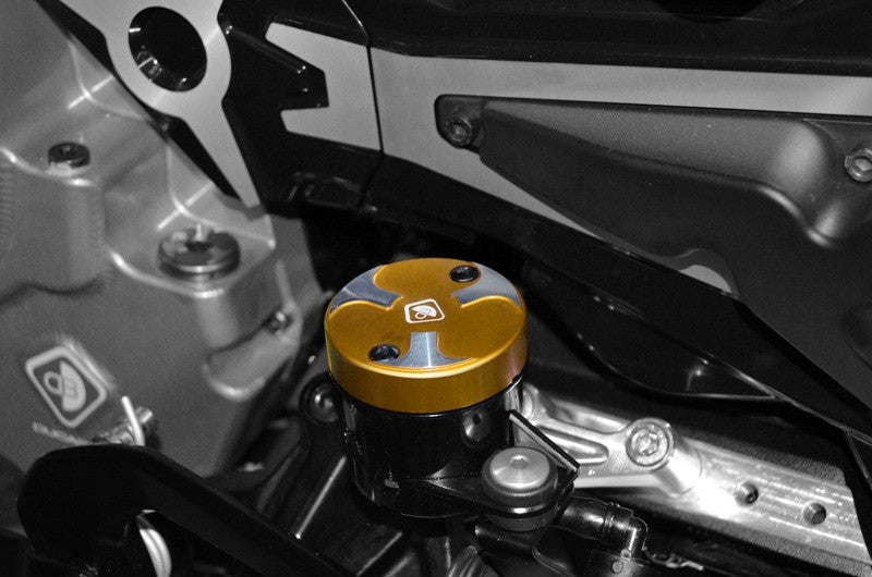 DBK Special Parts (Ducabike) Tri Blade Contrast Cut Billet Front Brake Reservoir Cap for the Ducati Hypermotard 821SP / 939SP, Supersport /S, Triumph Speed Triple 1200 RS /RR, & Rear Brake Reservoir Cap for DucatiXDiavel / Diavel 1260