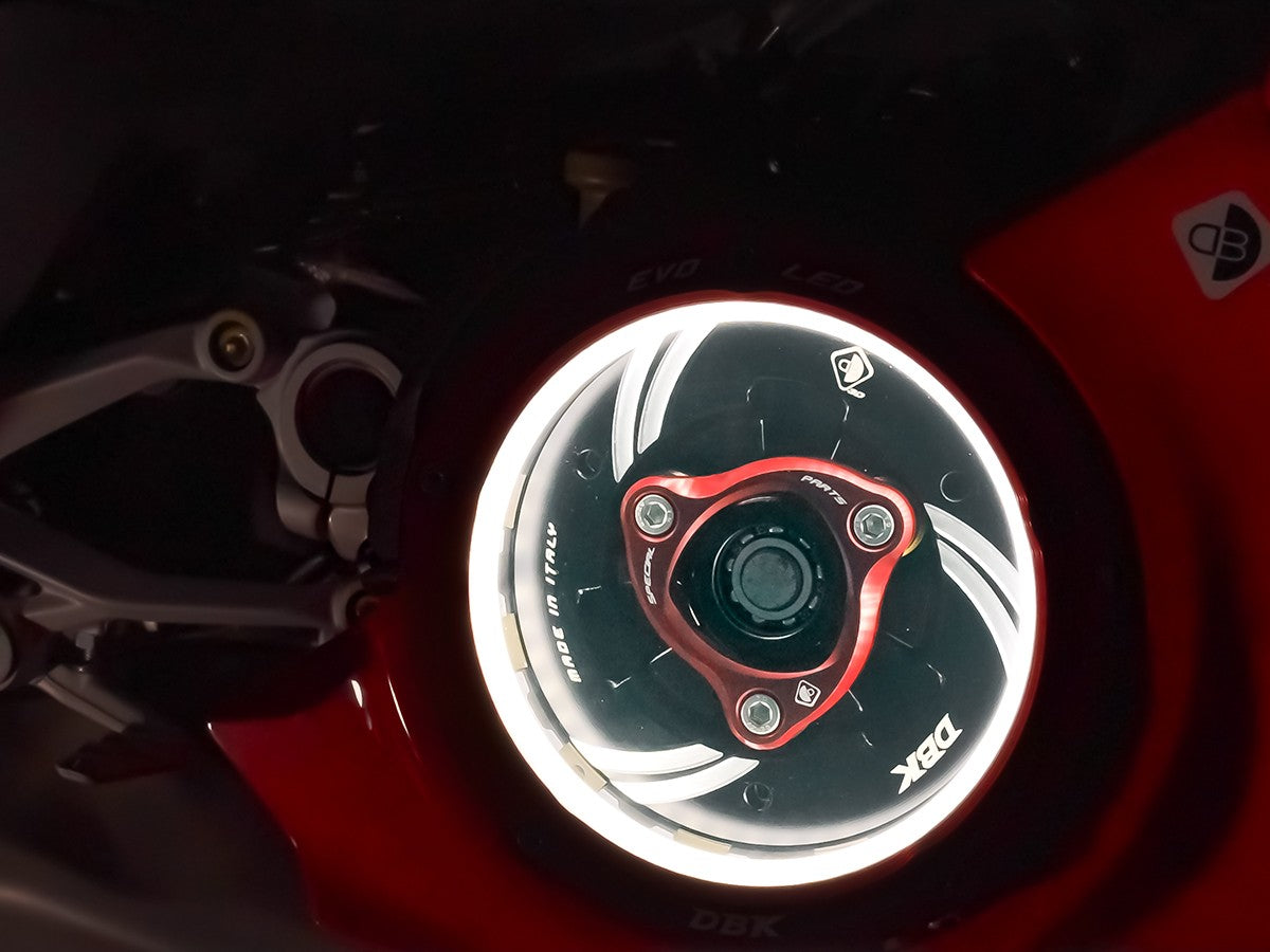 DBK Special Parts (Ducabike) EVO LED Dual Color Clear Wet Clutch Cover for the Ducati Panigale 1299/1199/959  Superleggera (and 899 too with modification)