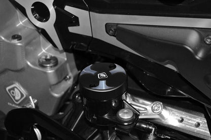 DBK Special Parts (Ducabike) Tri Blade Contrast Cut Billet Front Brake Reservoir Cap for the Ducati Hypermotard 821SP / 939SP, Supersport /S, Triumph Speed Triple 1200 RS /RR, & Rear Brake Reservoir Cap for DucatiXDiavel / Diavel 1260