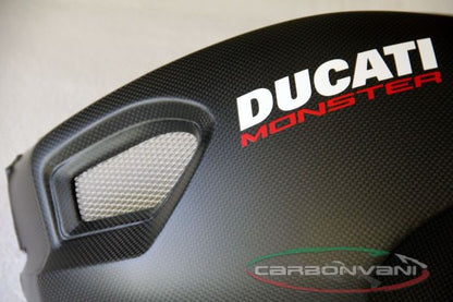 CARBONVANI - DUCATI MONSTER M1100 / M796 / M696 CARBON FIBER LH FUEL TANK SIDE PANEL WITH FRAME AND MESH