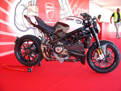 CARBONVANI - DUCATI MONSTER M696 / M796 / M1100 CARBON FIBER LH FUEL TANK SIDE PANEL WITH FRAME AND MESH WHITE COLOUR AND RED CONTOUR