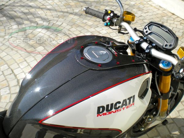 CARBONVANI - DUCATI MONSTER M696 / M796 / M1100 CARBON FIBER LH FUEL TANK SIDE PANEL WITH FRAME AND MESH WHITE COLOUR AND RED CONTOUR