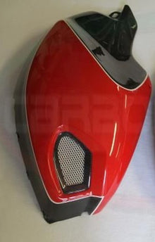 CARBONVANI - DUCATI MONSTER M696 / M796 / M1100 CARBON FIBER LH FUEL TANK SIDE PANEL WITH FRAME AND MESH RED COLOUR AND WHITE CONTOUR