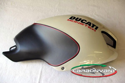 CARBONVANI - DUCATI MONSTER M696 / M796 / M1100 CARBON FIBER RH FUEL TANK SIDE PANEL WITH FRAME AND MESH WHITE COLOUR AND RED CONTOUR