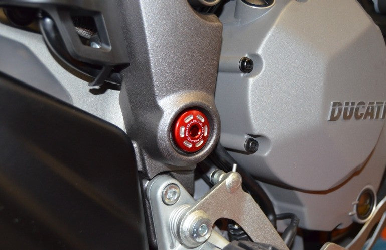 DBK Special Parts (Ducabike) Contrast Cut Billet Main Frame Caps (Swing arm pivot) for the Ducati Monster 1200 / 821, Supersport, and Scrambler Desert Sled