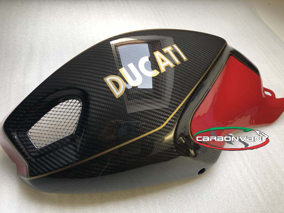 CARBONVANI - DUCATI MONSTER M696 / M796 / M1100 CARBON FIBER RED TWILL W/ CLASSIC LOGO IN WHITE AND GOLD FUEL TANK SIDE PANELS KIT