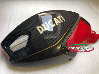 CARBONVANI - DUCATI MONSTER M696 / M796 / M1100 CARBON FIBER RED TWILL W/ CLASSIC LOGO IN WHITE AND GOLD FUEL TANK SIDE PANELS KIT