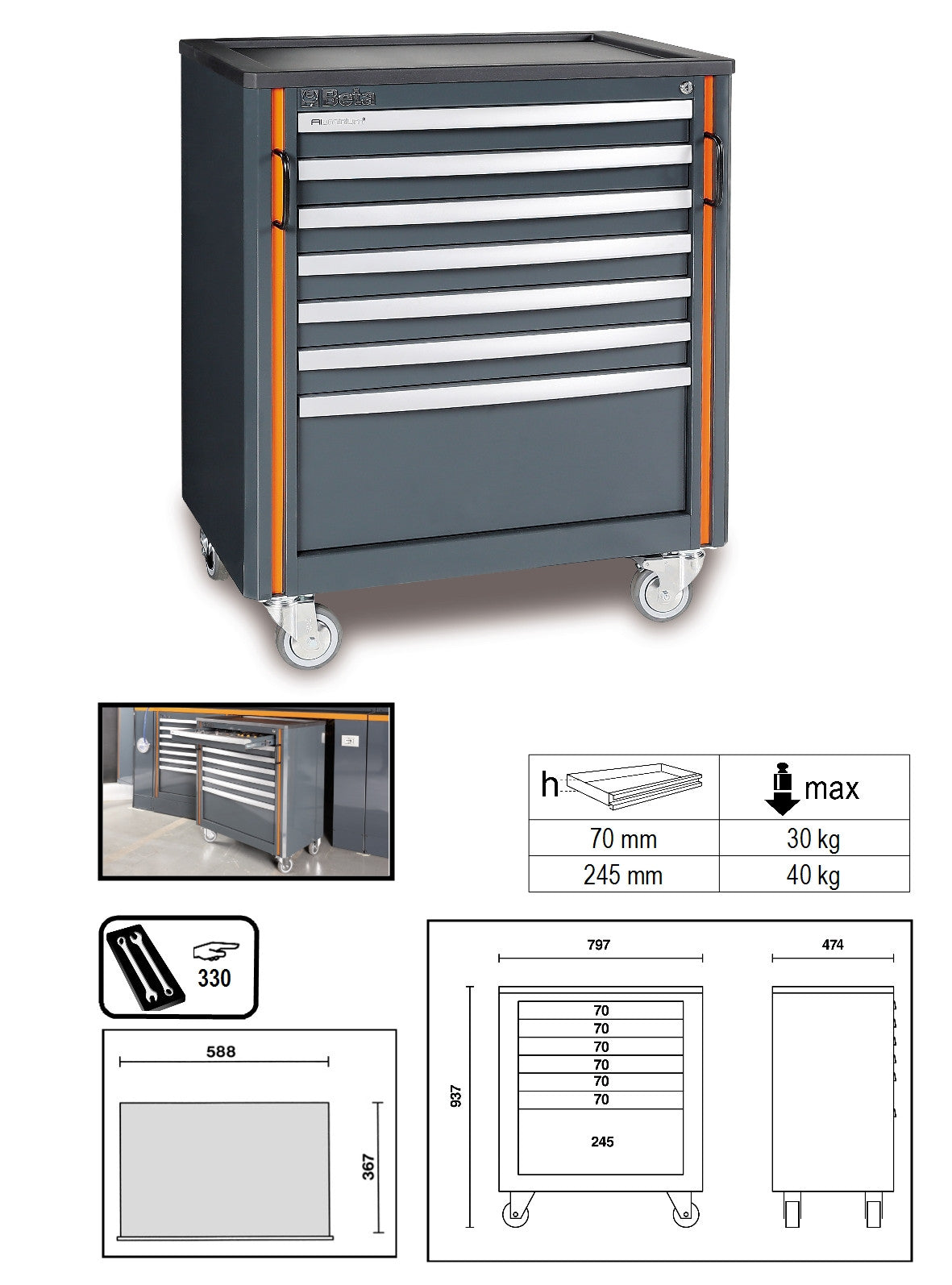 Beta Tools Model C55  C7-Mobile Roller Cab with 7 Drawers
