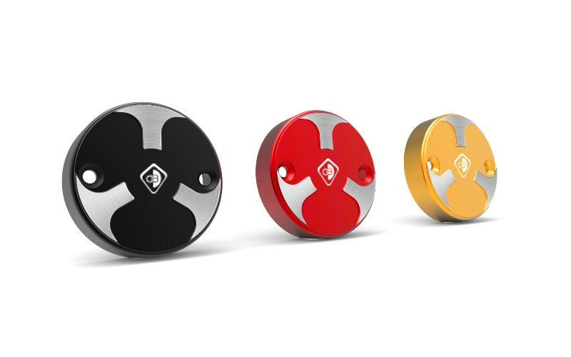 DBK Special Parts (Ducabike) Tri Blade Contrast Cut Billet Front Brake Reservoir Cap for the Ducati Hypermotard 821SP / 939SP, Supersport /S, Triumph Speed Triple 1200 RS /RR, & Rear Brake Reservoir Cap for DucatiXDiavel / Diavel 1260