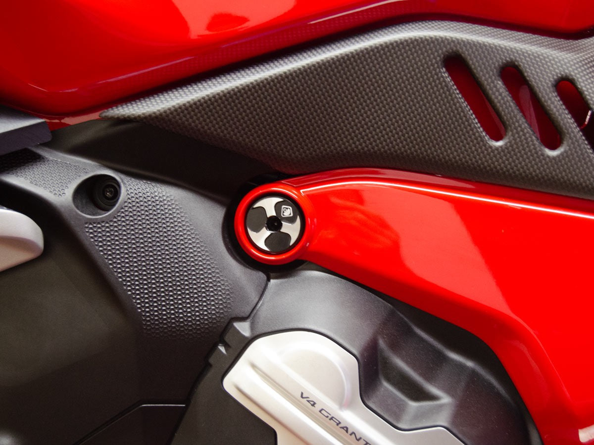 DBK Special Parts (Ducabike) Tri Blade Contrast Cut Billet Main Frame Caps for the Ducati Diavel V4