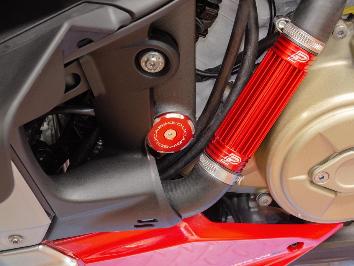 DBK Special Parts (Ducabike) Contrast Cut Billet Forward Frame Caps for the Ducati Streetfighter V4 / S